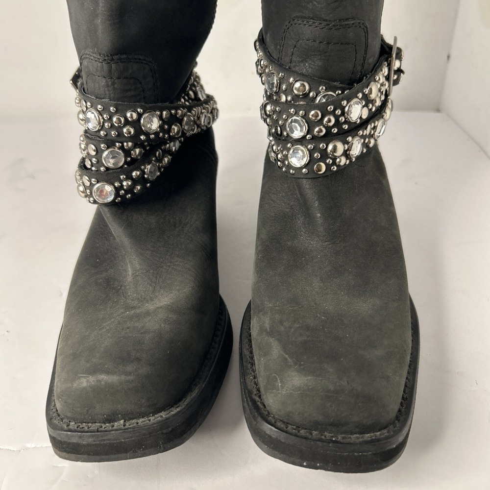 Sz 8 - ROCKET DOG Black Leather Silver Studded Rhinestone Buckle Biker Boots - Picture 14 of 15
